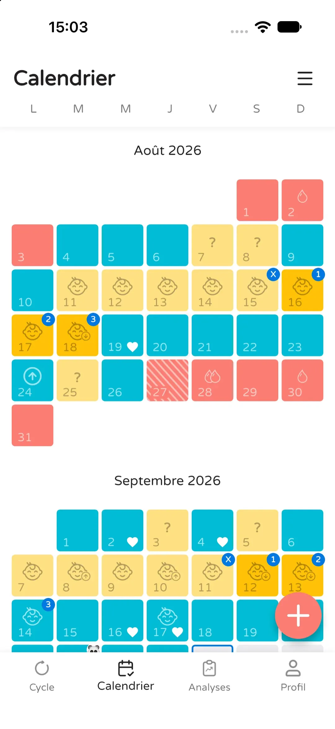 Calendrier mensuel avec les jours fertiles et les règles repérés par couleur.