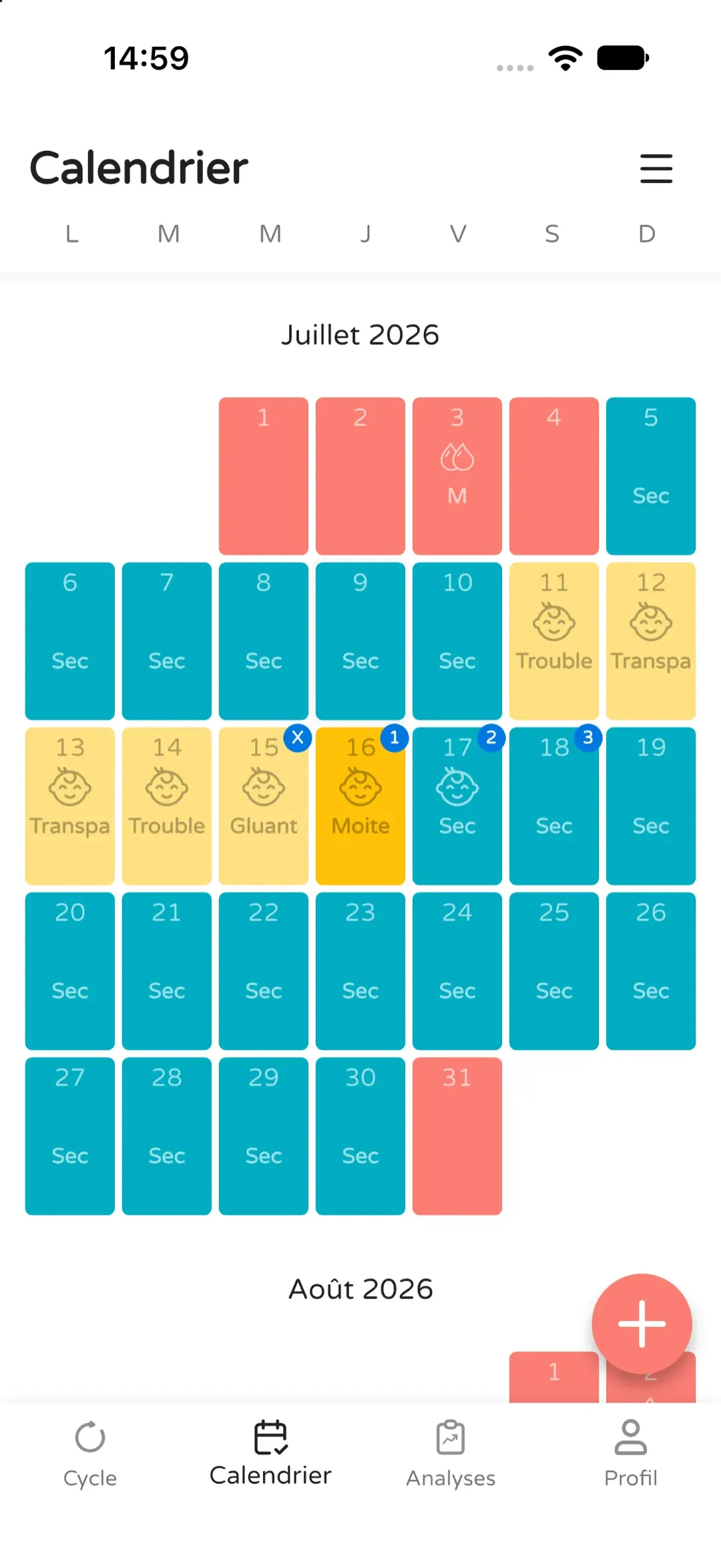 Vue du calendrier avec le détail d'une journée observée dans l'application.