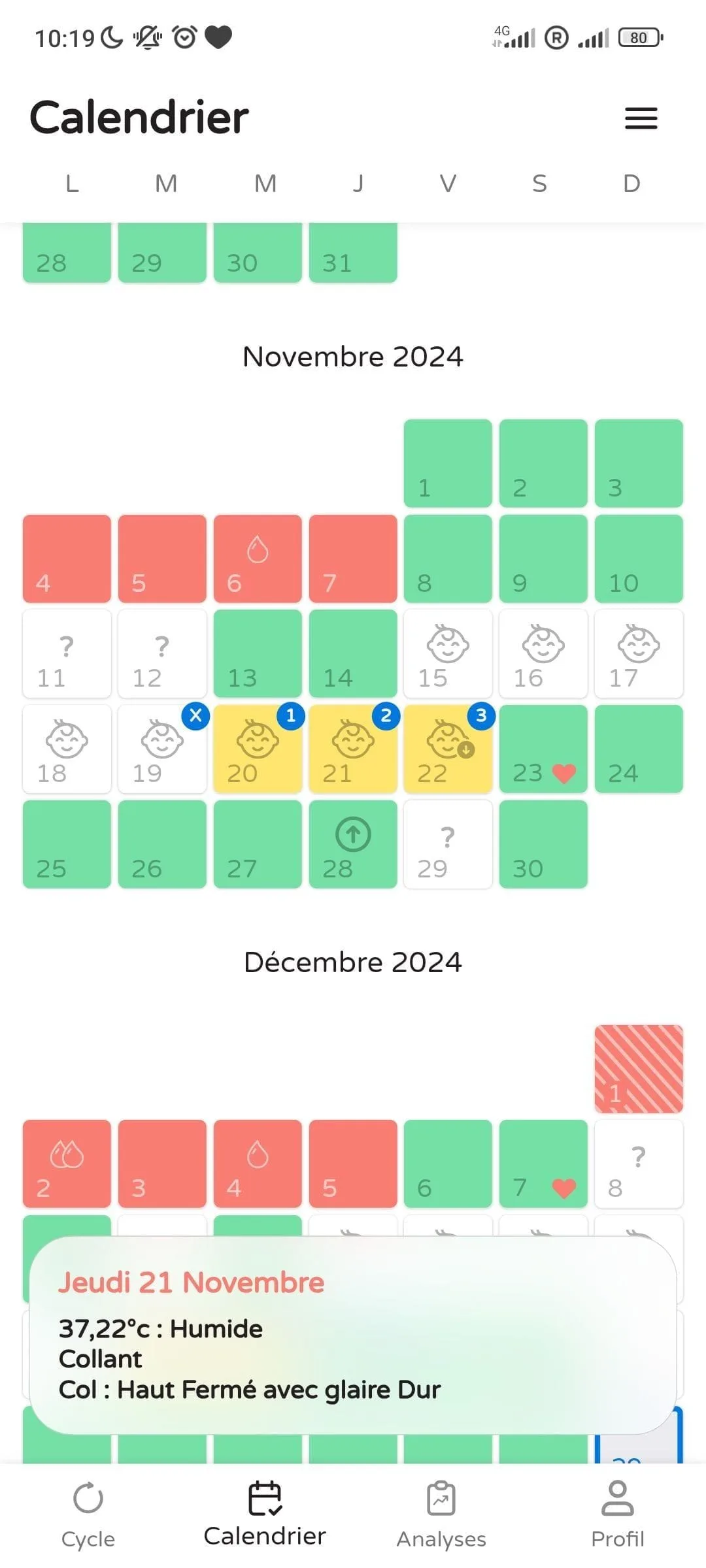 Calendar view showing the detail of an observed day in the app.