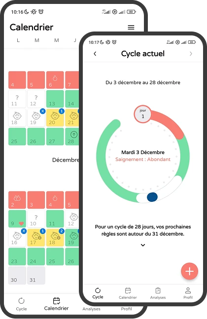 Vista previa de la aplicación Happy Fertility: calendario del ciclo y vista del ciclo actual.