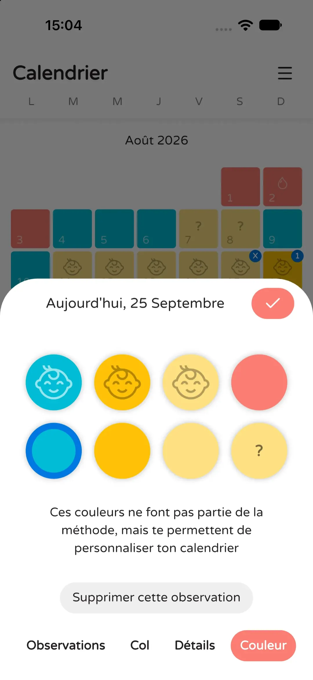 Légende des couleurs et symboles utilisés pour repérer les jours du cycle.