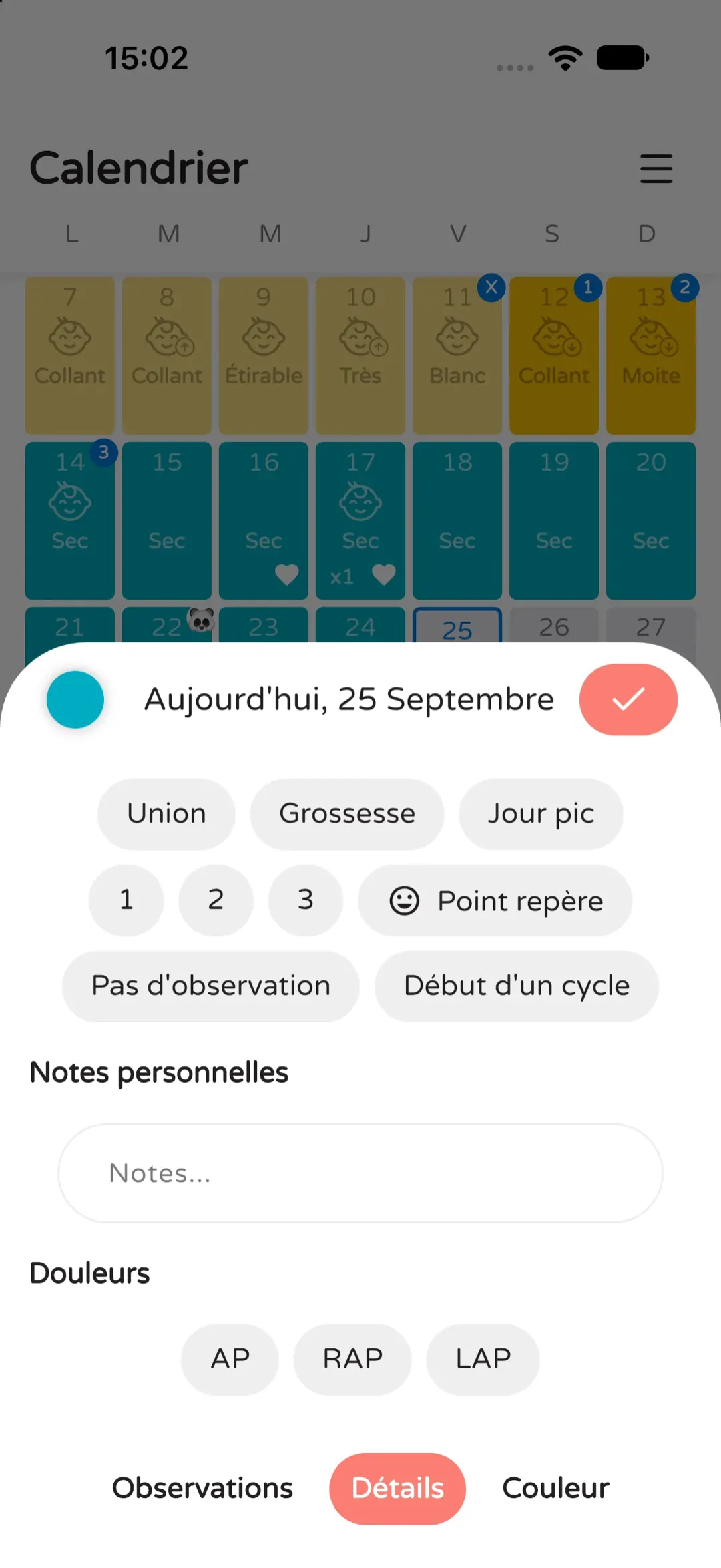 Écran de détails : rapports, grossesse, température et jour pic.