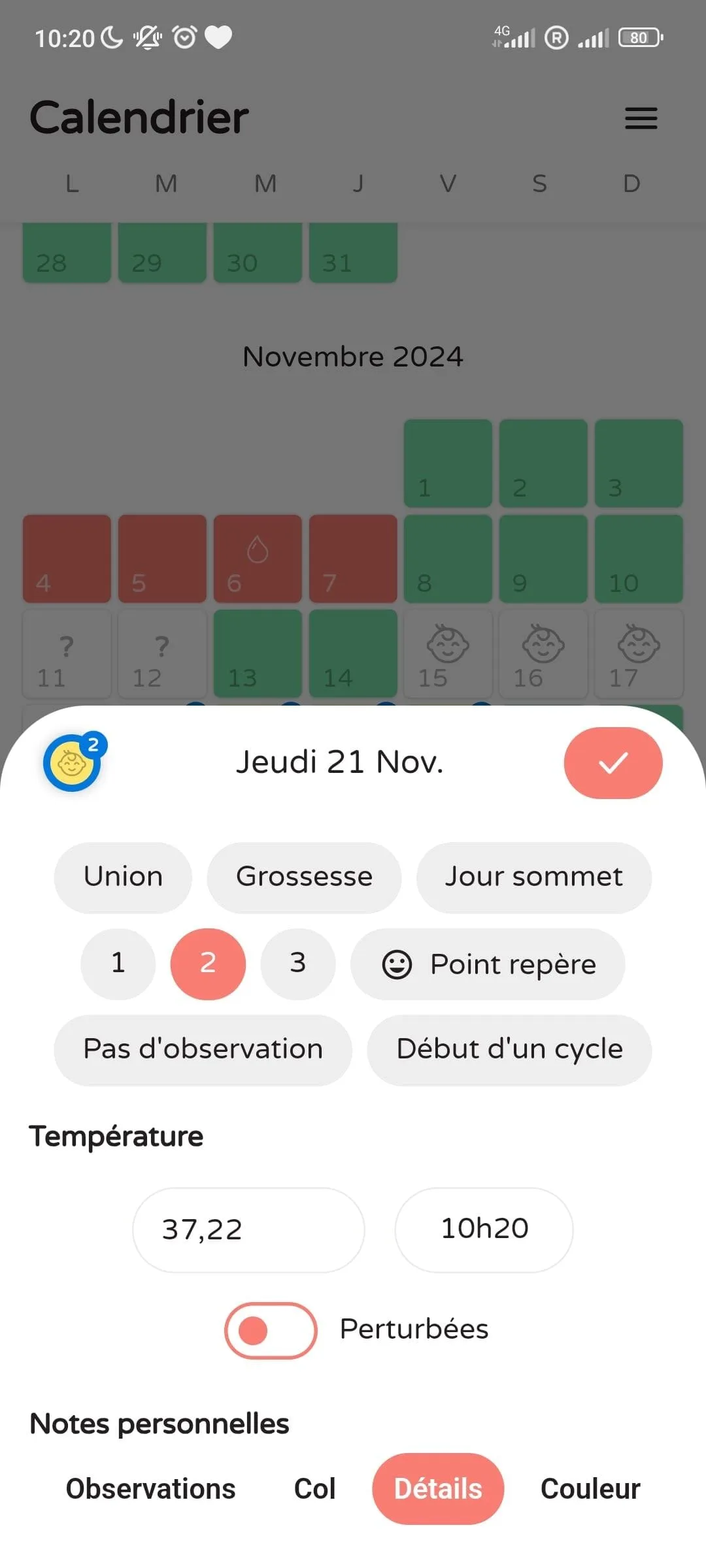 Details screen: intercourse, pregnancy, temperature and peak day.