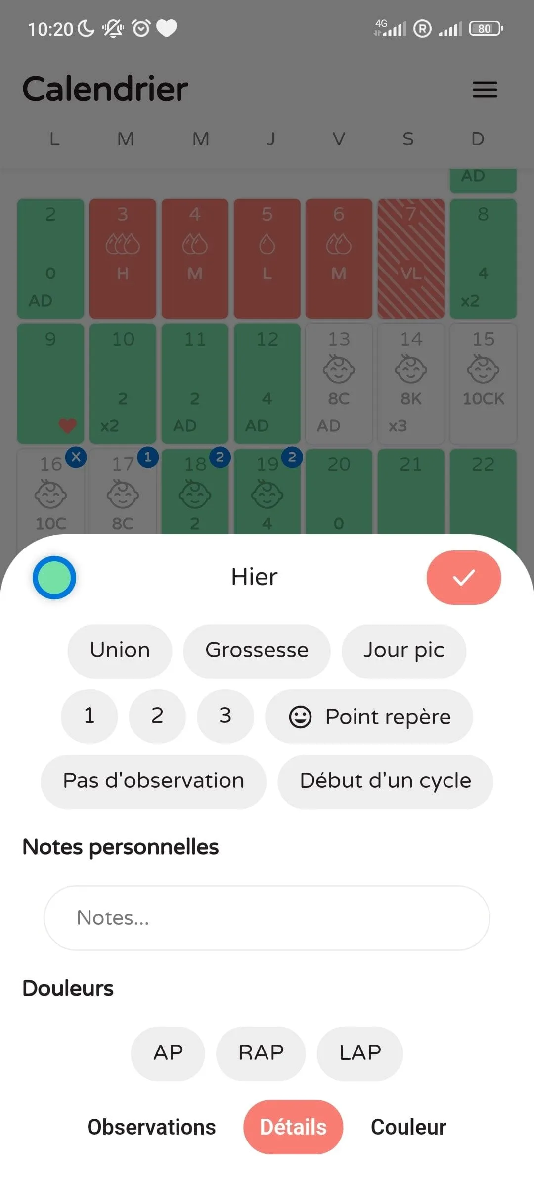 Personal notes and pain linked to the cycle.