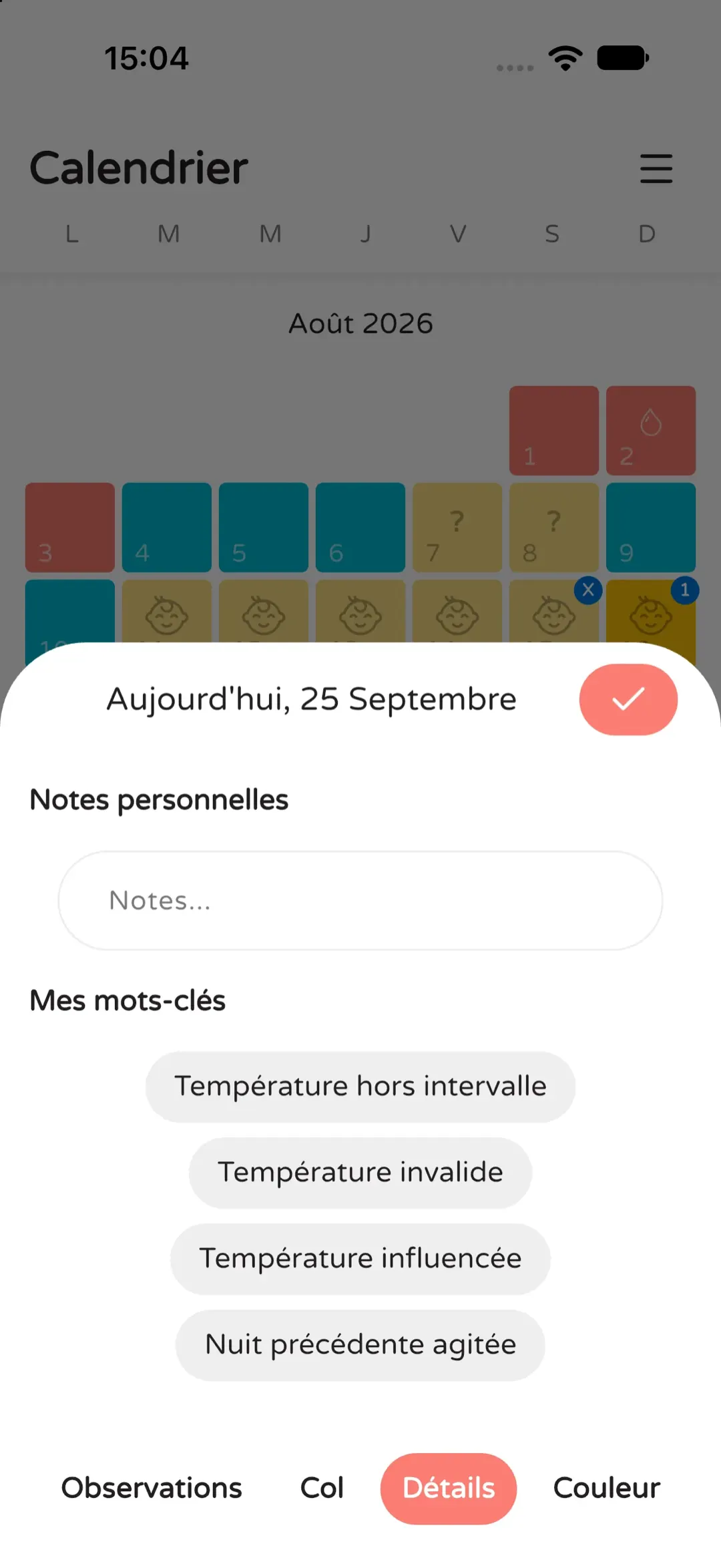 Notes personnelles et douleurs associées au cycle.
